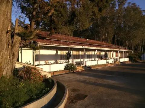 Ootacamund Gymkhana Club clubhouse with a red tiled roof, veranda and tree-lined driveway in Ooty