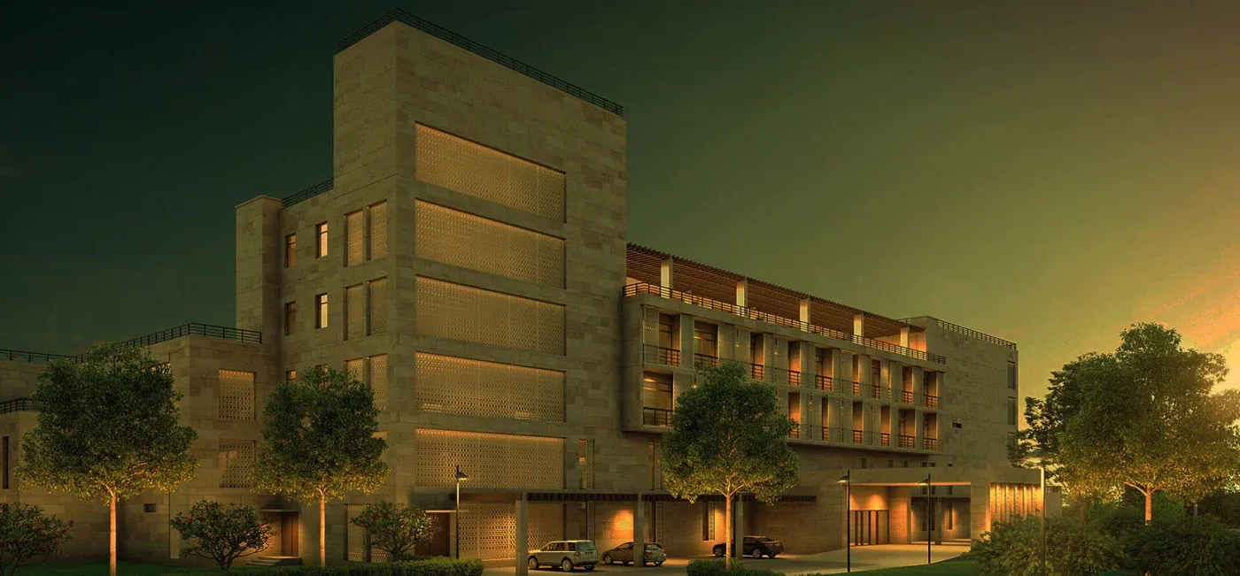 Gujarat Cricket Association Club House exterior at night