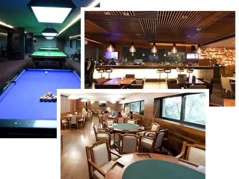 Otters Club cue-sports and lounge areas — photo collage