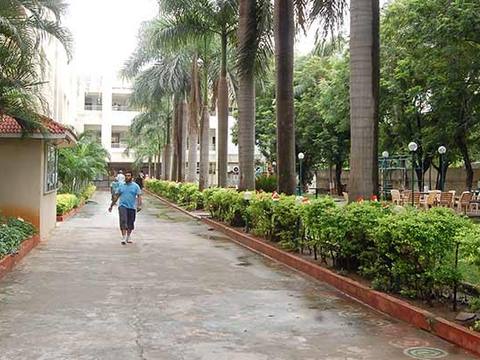 Palm-lined pathway beside the Vijayawada Club buildings and gardens